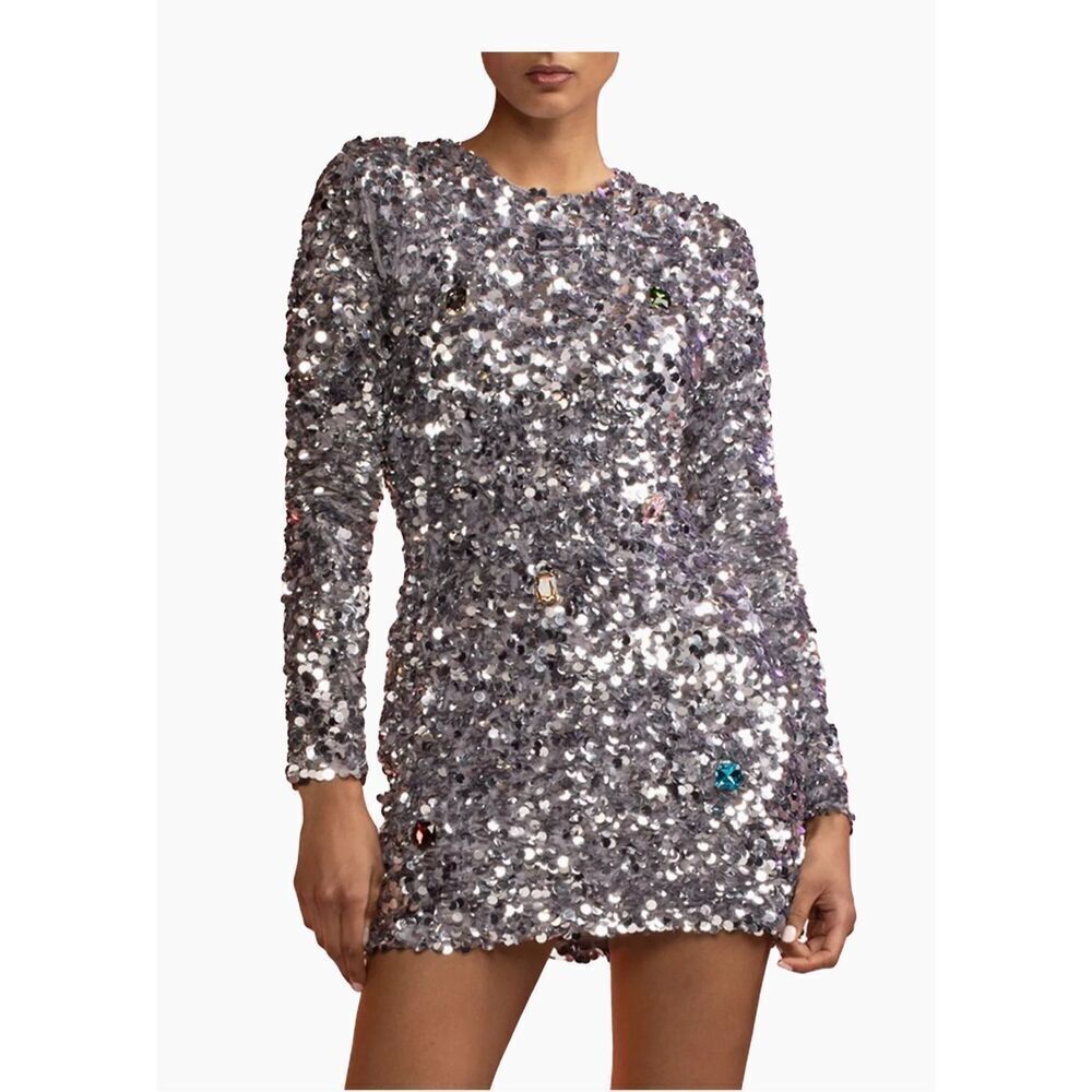 Cynthia Rowley Womens Sequin & Rhinestone Embellished Mini Dress Silver Sz 4 - Picture 3 of 12